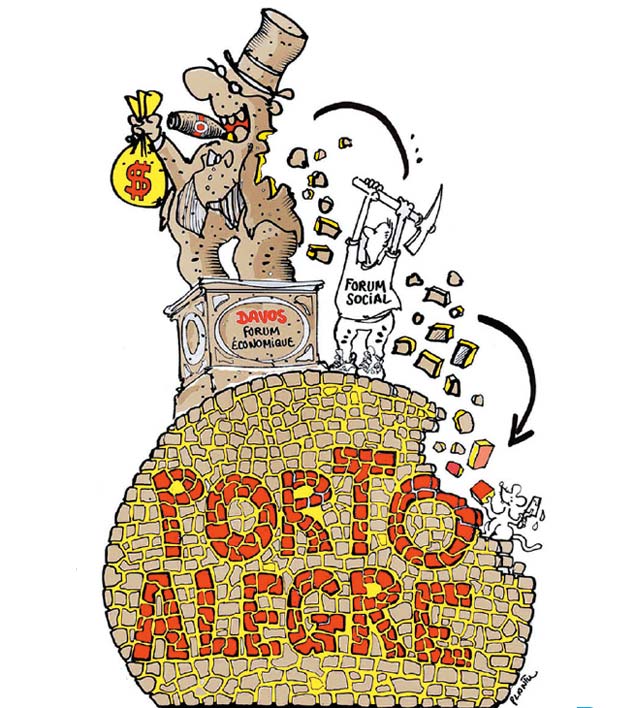 Desenho de Plantu satiriza o Frum Social Mundial (Porto Alegre) e o Frum Econmico Mundial (Davos)