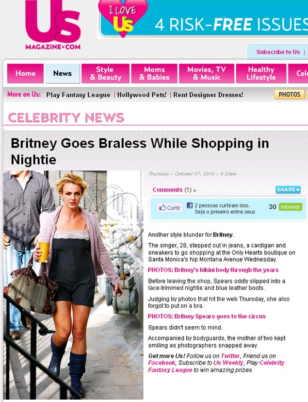 A cantora Britney Spears vai s compras usando camisola sem suti