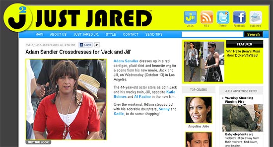 O ator Adam Sandler vestido de mulher em filmagens de "Jack and Jill"