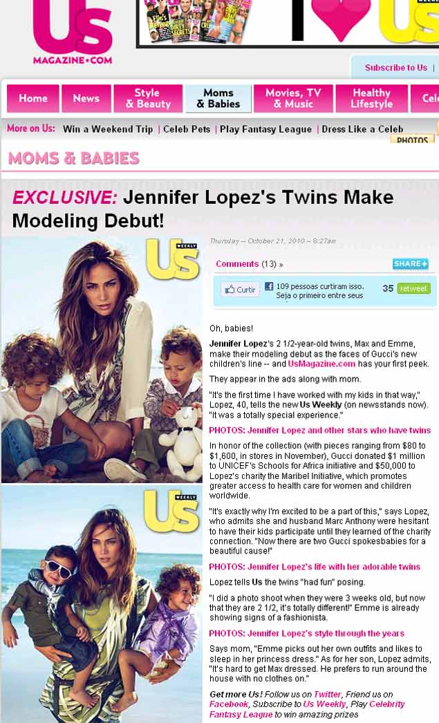 A atriz e cantora Jennifer Lopez posa com os filhos gmeos, Max e Emme, para a Gucci
