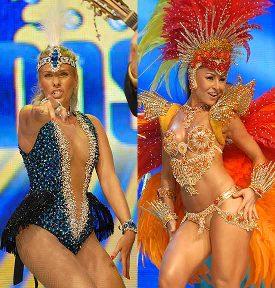 Adriane Galisteu ( esq.) e Sabrina Sato em gravao de vinhetas para o Carnaval 2011 da Globo