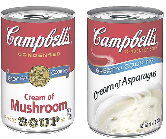 Desenhos dos rótulos antigo e novo da sopa Campbell's, imortalizada por Andy Warhol