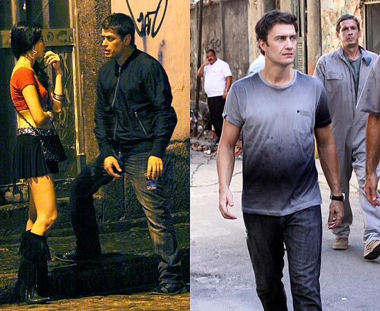  esquerda, Fbio Assuno grava cena de novela no centro do Rio;  direita, Gabriel Braga Nunes chega para regravar material