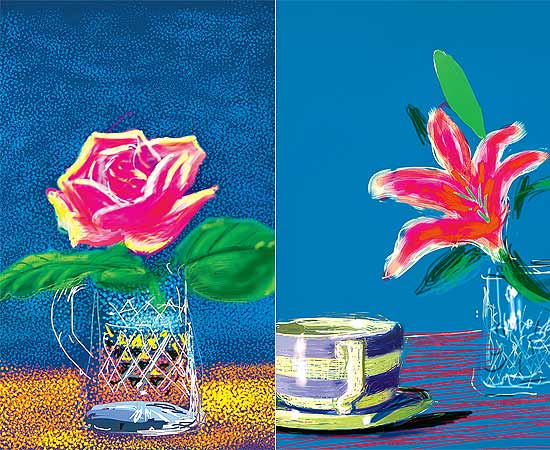 Imagens da exposição "Flores Frescas", que reúne 200 desenhos sem título feitos no decorrer deste ano por David Hockney
