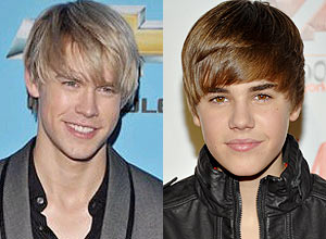 O ator Chord Overstreet (à esq.), que vai usar penteado do cantor adolescente Justin Bieber (à dir.) em "Glee"