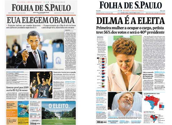 Reproduo de capas histricas da Folha;  esq., falando sobre eleio de Obama e,  dir., sobre a eleio de Dilma