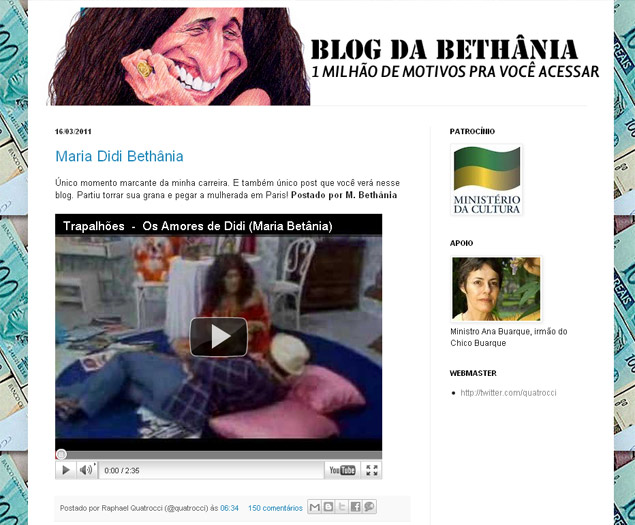 Reprodução mostra blog falso que usa o nome da cantora Maria Bethânia