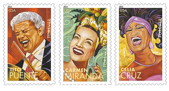 Tito Puente, Carmen Miranda (centro) e Celia Cruz na srie de selos que comeou a ser vendida nesta quarta nos Estados Unidos