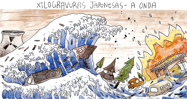 Desenho de João Montanaro, baseado em xilogravura tradicional de Katsushika Hokusai, publicado na Folha um dia depois da tragédia no Japão