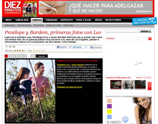 Penlope Cruz e Javier Bardem com filho em foto publicada pelo site espanhol Diez Minutos