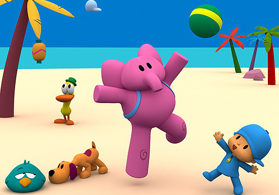 O pssaro Sonequita, a cachorra Loula, o Pato e a elefante Elly formam a turma do Pocoyo (dir.) 