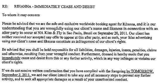 Carta enviada pelo agente de Rihanna à Planmusic sobre suposto show na Kiss and Fly