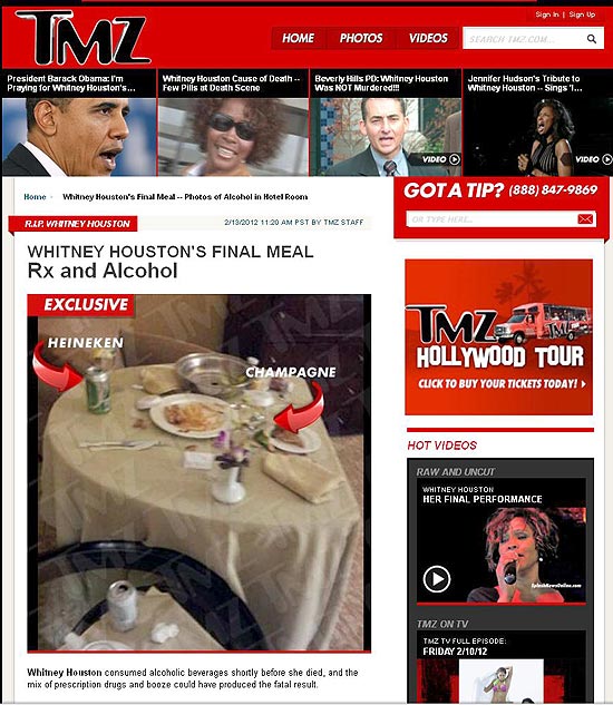 Imagem divulgada pelo site "TMZ" seriam da última refeição da cantora