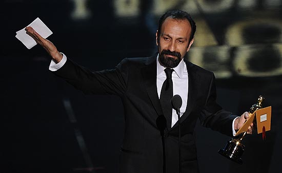 ORG XMIT: MA226 Director for Iran's Foreign Language entry "A Separation," Asghar Farhadi addresses the audience onstage at the 84th Annual Academy Awards on February 26, 2012 in Hollywood, California. AFP PHOTO Robyn BECK