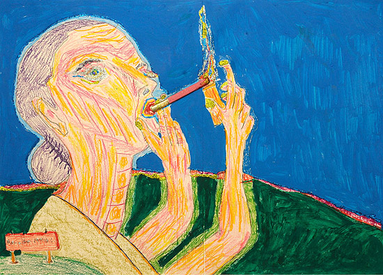 Desenho de 1994 de Arnaldo Dias Baptista, cujos trabalhos combinam nanquim, giz de cera, lápis de cor e guache
