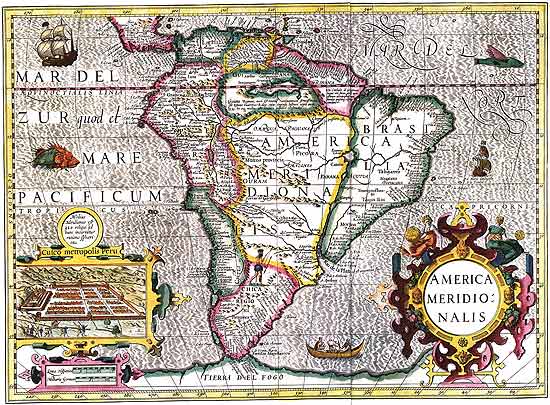 Mapa "Gerard Mercator, America Meridionalis" (1606), que estar presente na obra "O Desenho do Brasil no Teatro do Mundo"