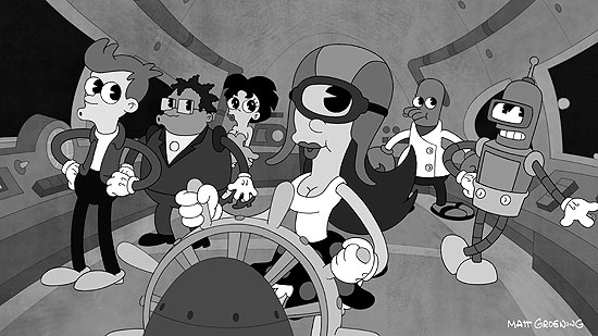 Os personagens da srie "Futurama" em verso preto e branco