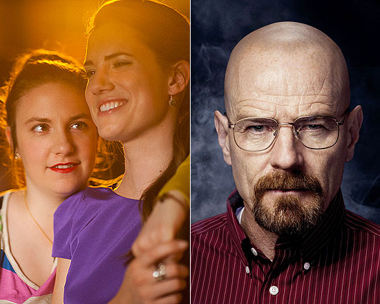 Lena Dunham (esq.) e Allison Williams em "Girls"; e Bryan Cranston (Walter White)em cena de "Breaking Bad"
