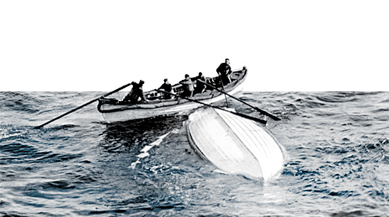 Botes do navia Carpathia durante resgate de sobreviventes do Titanic