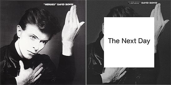 À esq., a capa do disco "Heroes" (1977), qu serviu de referência para a de "The Next Day" (2013)