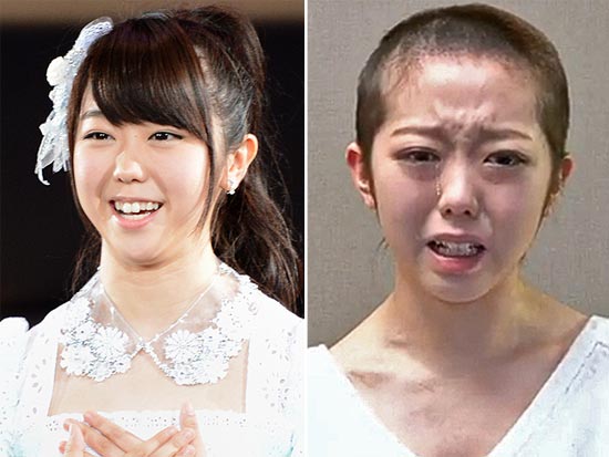 A cantora japonesa Minami Minegishi, membro do grupo pop AKB48, antes e depois de decidir raspar a cabeça