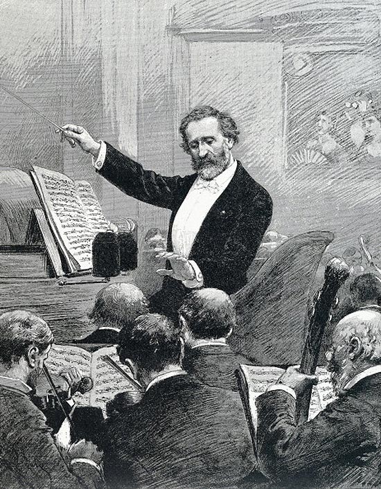 O compositor Giuseppe Verdi (1813-1901) conduzindo a Orquestra de Paris, em ilustrao de 1880
