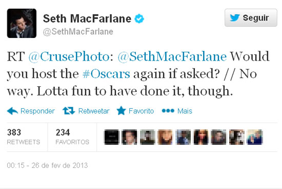 Reproduo do Twitter do humorista Seth Mac Farlane, em que ele diz que jamais voltaria a apresentar o Oscar
