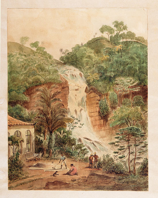 "Cascatinha da Tijuca", aquarela falsificada por Roberto Heymann a partir de gravura de Rugendas