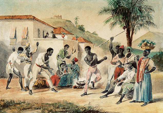 "Jogo de Capoeira", aquarela falsificada por Roberto Heymann a partir de gravura de Rugendas