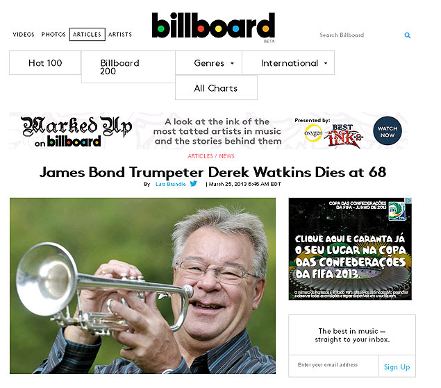 Derek Watkins, trompetista que contribuiu na trilha sonora dos filmes da saga "007", morre aos 68 anos