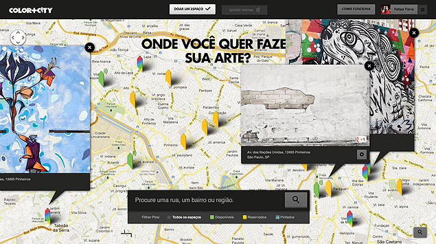 Aspecto da tela inicial do Color + City, plataforma do Google para aproximar grafiteiros e donos de imóveis com muros disponíveis