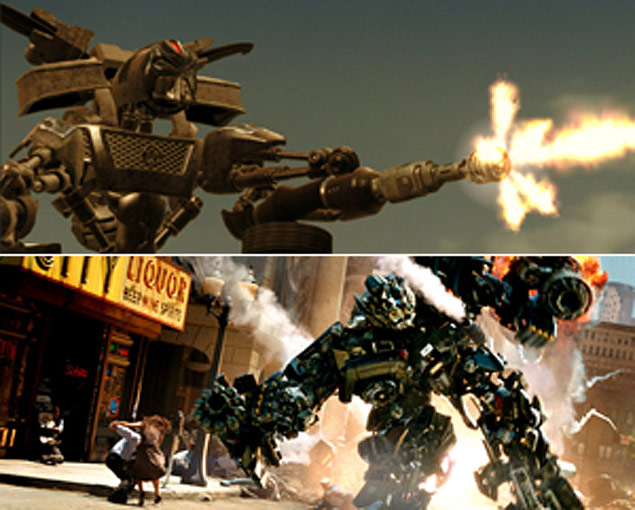 Acima, cena de "Transmorphers", livremente inspirado no filme de baixo, "Transformers"