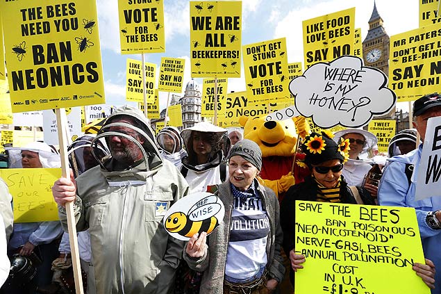 Estilistas, como Vivienne Westwood (centro), protestam pela proibio de pesticidas que prejudicam as abelhas 