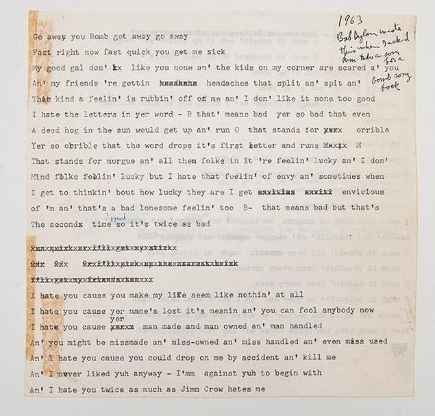 Letra de "Go Away You Bomb", msica indita de 1963 escrita por Bob Dylan, que ser leiloada 