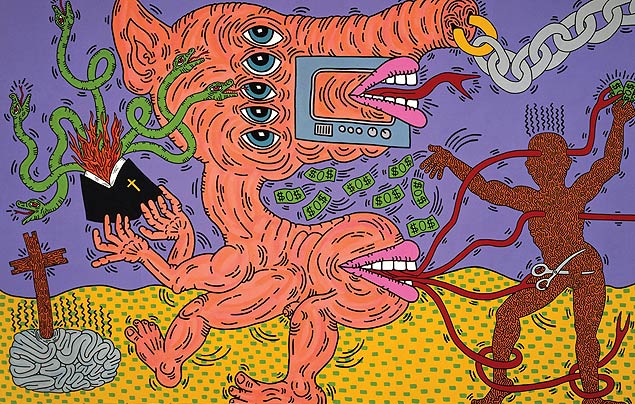 Tela de Keith Haring que critica o capitalismo; a obra faz parte da retrospectiva do artista que est em cartaz no Museu de Arte Moderna da Cidade de Paris 