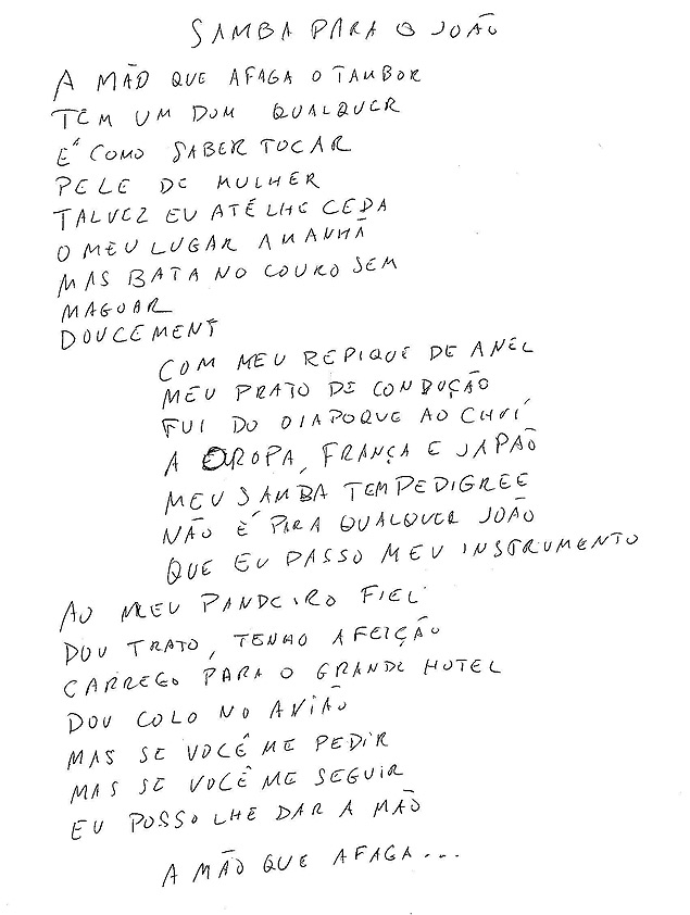 Manuscrito de Chico Buarque com cano para o bisneto de Wilson das Neves, chamado Joo