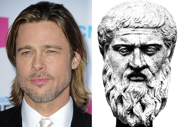 Montagem com fotos do ator Brad Pitt e esttua do filsofo grego Plato