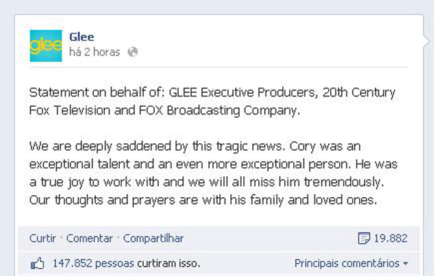 Comunicado dos produtores de 'Glee' sobre a morte do ator Cory Monteith