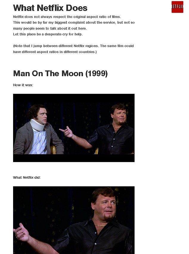 Site "What Netflix Does" mostra cena de "O Mundo de Andy" ("The Man on the Moon", no alto) distorcida no Netflix