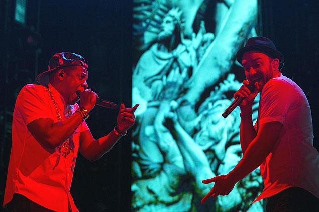 Jay-Z (esq.) e Justin Timberlake no show "Legends of the Summer", em Nova York