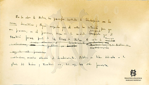Manuscrito de Borges contendo o pargrafo final do conto 'Tema do Traidor e do Heri'