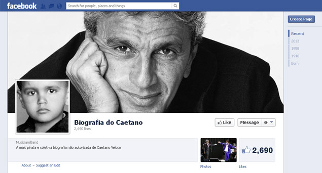 A pgina 'Biografia do Caetano', criada na quarta (9) no Facebook