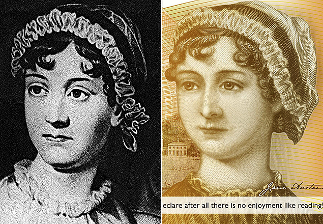 Retrato de Jane Austen (1775-1817) no original,  esq., e na nova nota de 10 libras,  dir.