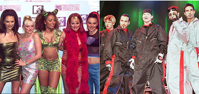 As bandas que abalaram a msica pop na dcada de 1990: Spice Girls ( esq.) e Backstreet Boys