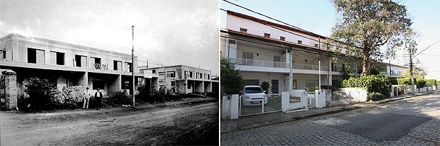 Foto de 1929 do conjunto ainda em construo ( esq.) e as casas hoje, depois de descaracterizadas