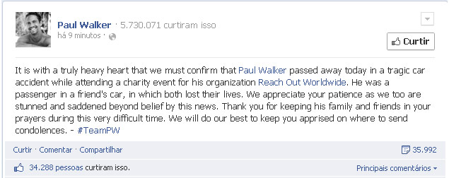 Confirmação da morte do ator Paul Walker, dos filmes "Velozes e furiosos"
