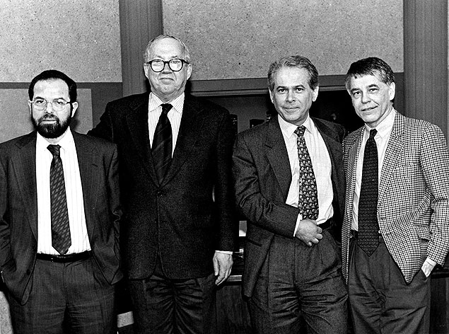 Caio Blinder, Paulo Francis, Lucas Mendes e Nelson Motta, a formao original do programa 'Manhattan Connection' 