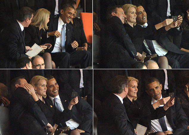 Sequncia de imagens com David Cameron, Helle Thorning-Schmidt e Obama tirando um 'selfie' e checando resultado