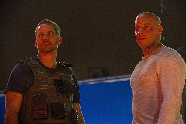 Os atores Paul Walker (esq.) e Vin Diesel, astros da franquia cinematogrfica 'Velozes e Furiosos'
