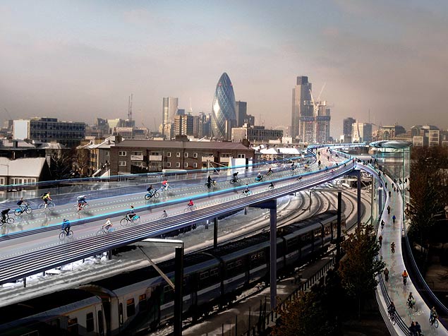 Imagem do projeto de arquitetura de Norman Foster, para colocar ciclovias suspensas em Londres